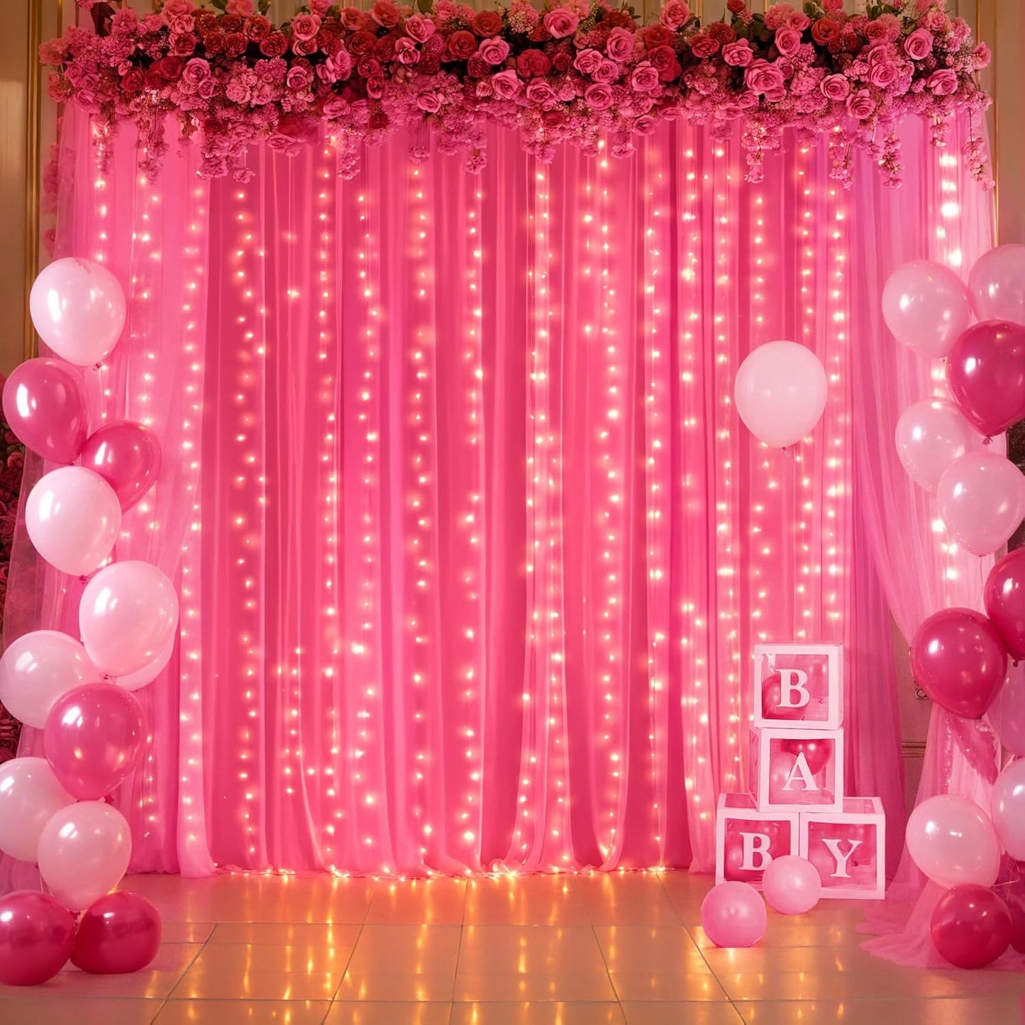 Hot Pink Tulle Backdrop Curtain with Lights for Parties 10x8ft Fuchsia Sheer Backdrop Curtains for Weddings Birthday Baby Shower Photo Shoot Background Decorations