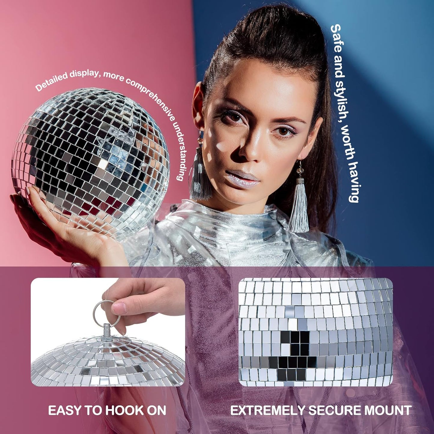 4 Pack Large Disco Balls Party Decoration Silver Hanging Reflective Mirror Ball Ornaments for Halloween Xmas Wedding Holiday Festival Club Stage