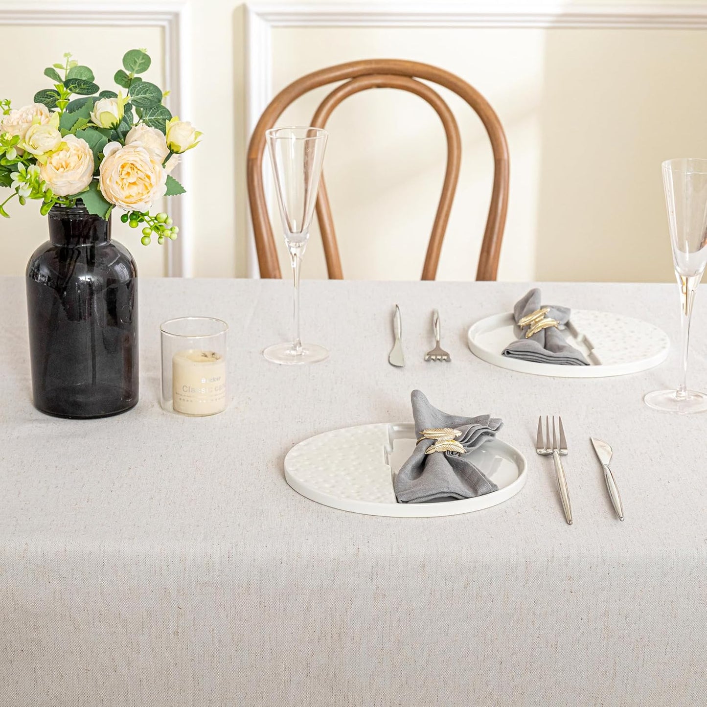 MYSKY HOME Table Cloth 60x102 in Rectangle, Cotton Tassel Linen Look Waterproof, Wrinkle Free Table Cover with Beige Tassels for Kitchen Dining, Party