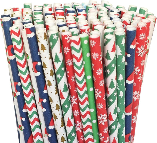 200 Pcs Christmas Paper Straws, 10 Styles Biodegradable Colorful Disposable Drinking Christmas Straws for Christmas Party Supplies, Desserts, Thanksgiving, New Year and Holiday Party Decorations