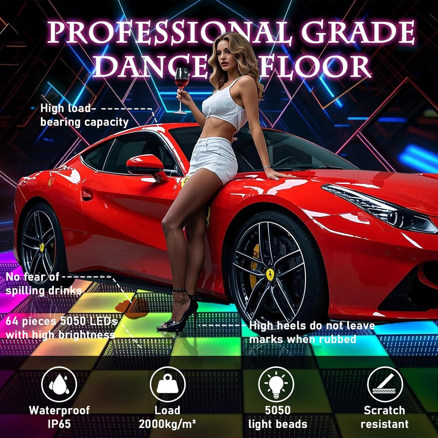 Dance Floor Stage Lights-Tempered Glass with Flight Case - RGB Color Changing Lights for Wedding, Party, Club - Non-Slip (3D&RGB -Magnetic, 12 * 12 FT)