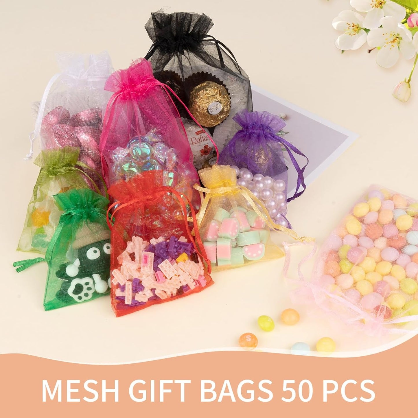 50 Pcs Mixed Color Organza Bags 4x6 Inch, Small Mesh Bags Drawstring Small Gift Bag Pouch Bag for Wedding Party Favor Christmas