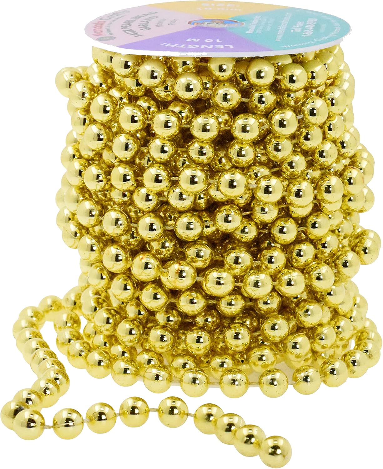 Mandala Crafts 10mm Faux Metallic Gold Pearl Beads Roll - 11 Yards Strand of Fake Pearls Chain Garlands Spool String for Christmas Tree, Wedding, Party, Vases, DIY Decoration