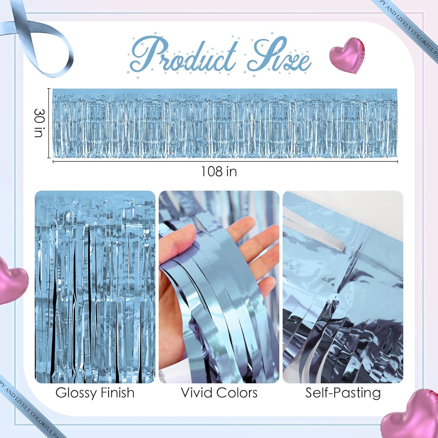 2 Pack Light Pink Light Blue Table Skirts, 29x108" Metallic Foil Tinsel Fringe Table Skirt for Rectangle Tables Streamer Curtains Backdrop, Party Decorations for Birthdays, Weddings, Holidays
