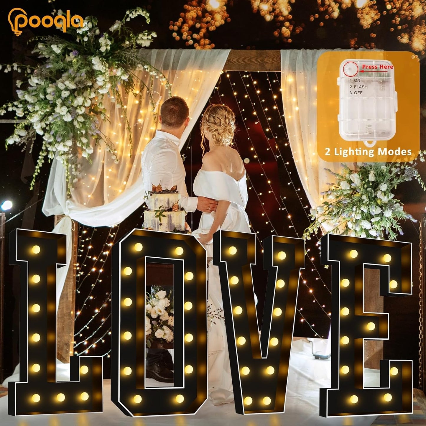 Pooqla 4 FT Marquee Light Up Letters, Black Letter Lights 4 Feet Tall, Giant Sign Big Mosaic for Balloons Birthday Party Anniversary Wedding Decorations, Warm White S