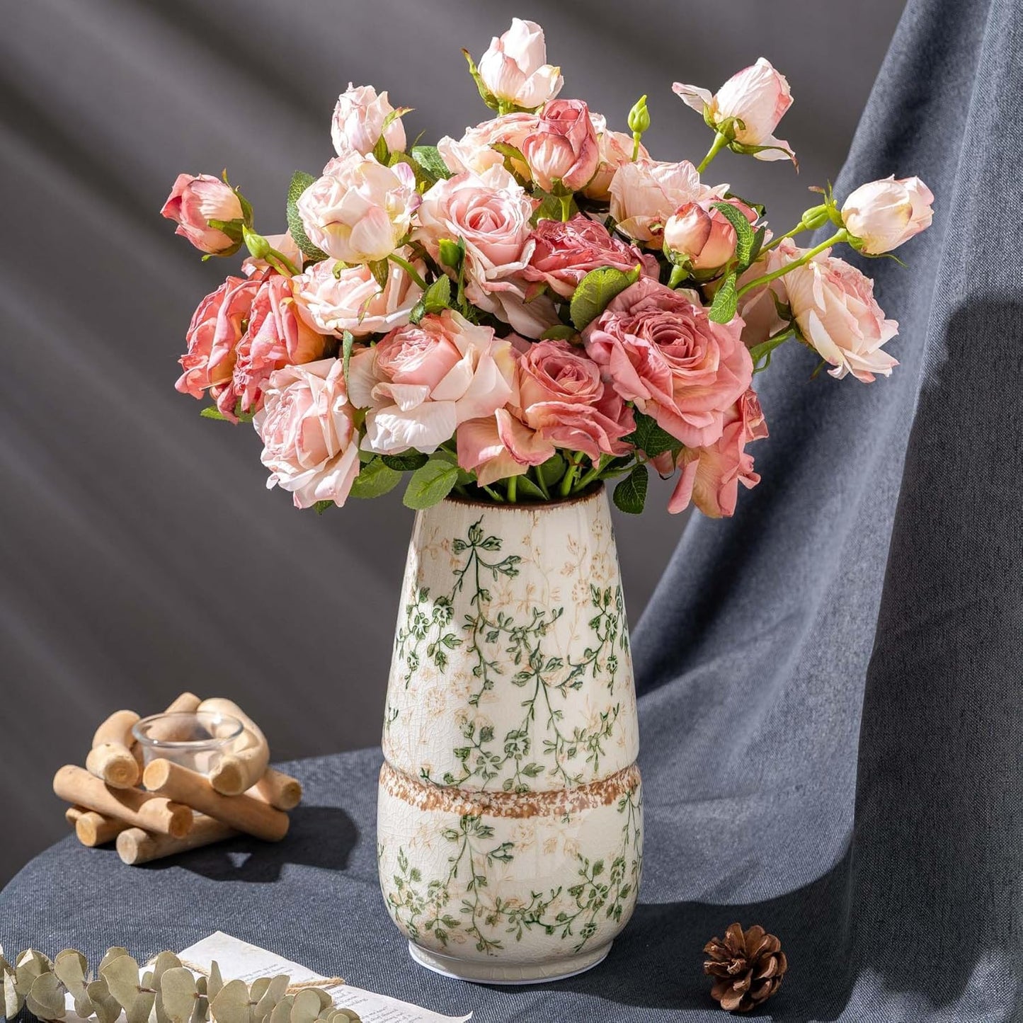 Vintage Green and Beige Vase, Large Round Ceramic Floral Vases, Retro Ice Cracked Chinoiserie Vase for Home Decor, Living Room, Bookshelf, Office, Bedroom and Shelf, Rustic Table Centerpiece 10 Inch