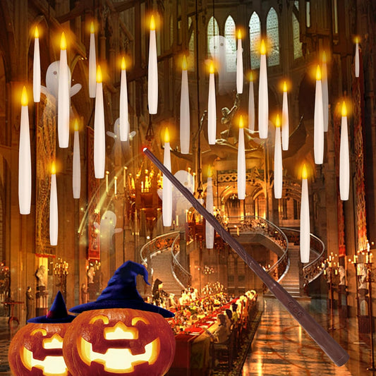NURADA Floating Candles with Wand Remote Timer - 24 Pcs Magic LED Hanging Flameless Taper Candles Flickering Battery Operated for Halloween Birthday Theme Party Holiday Home Window Decor - White