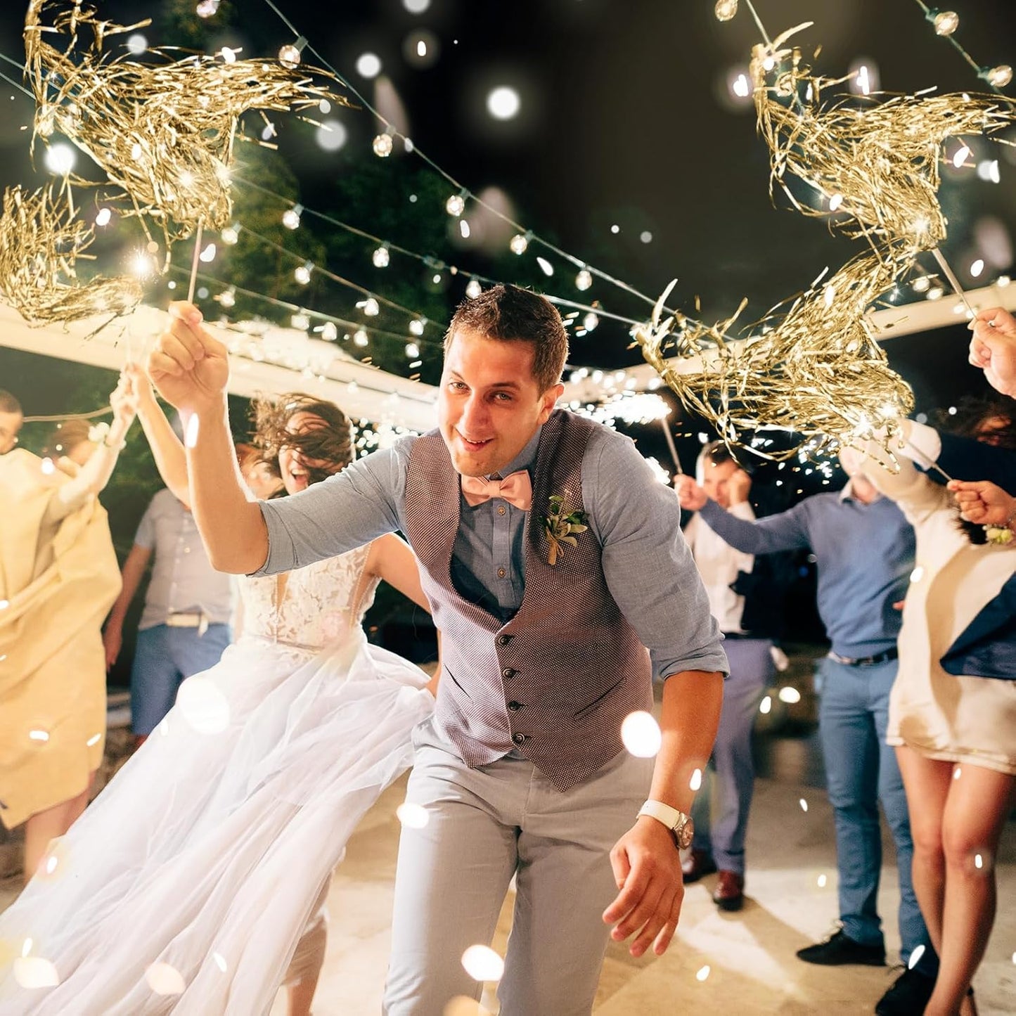 100 Pcs Lighted Wedding Wands LED Tinsel Wands Light up Streamers Sparklers for Wedding Send Off and Exits Birthday Party Props Favors(Champagne)