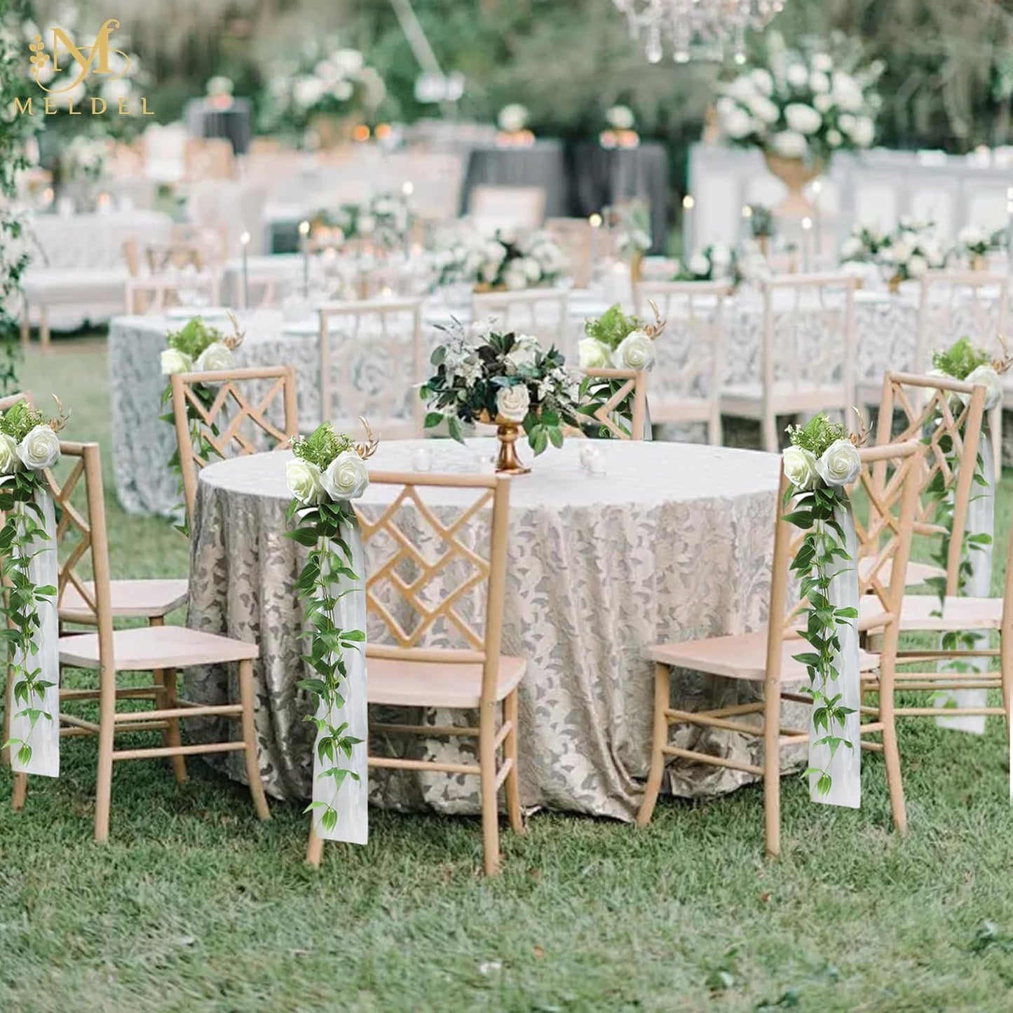 Meldel Wedding Chair Decorations Aisle Floral Set of 10 Artificial Flowers Ivory White Rose Garland with Hanging Ribbions for Ceremony Reception Church Arrangement Party Wedding Pew Decor Flower