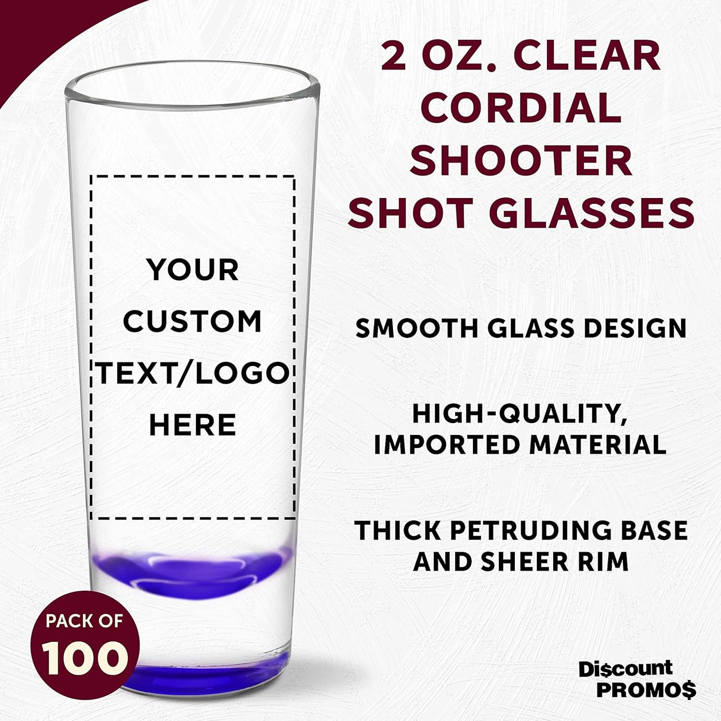 Custom Cordial Shooter Shot Glasses 2 oz. Set of 100, Personalized Bulk Pack - Great for Birthdays, Parties, Indoor & Outdoor Events - Purple