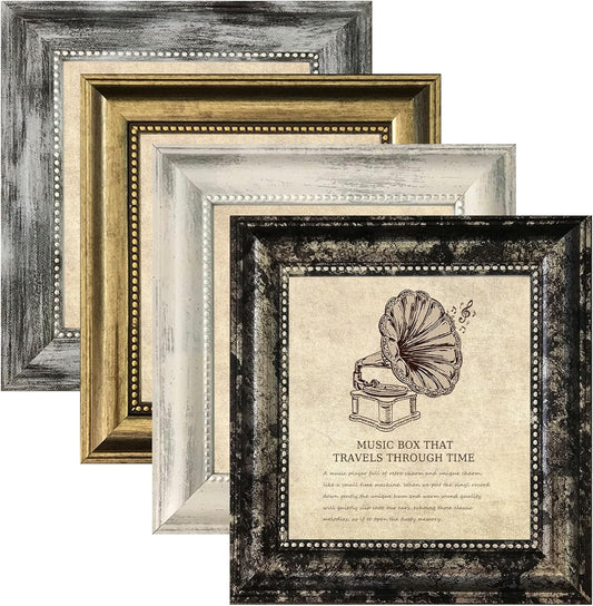 5x5 Picture Frames Set of 4- Rustic Retro Photo Frame with Real Glass Wall Mount and Tabletop Display Family Friends Wedding Gift
