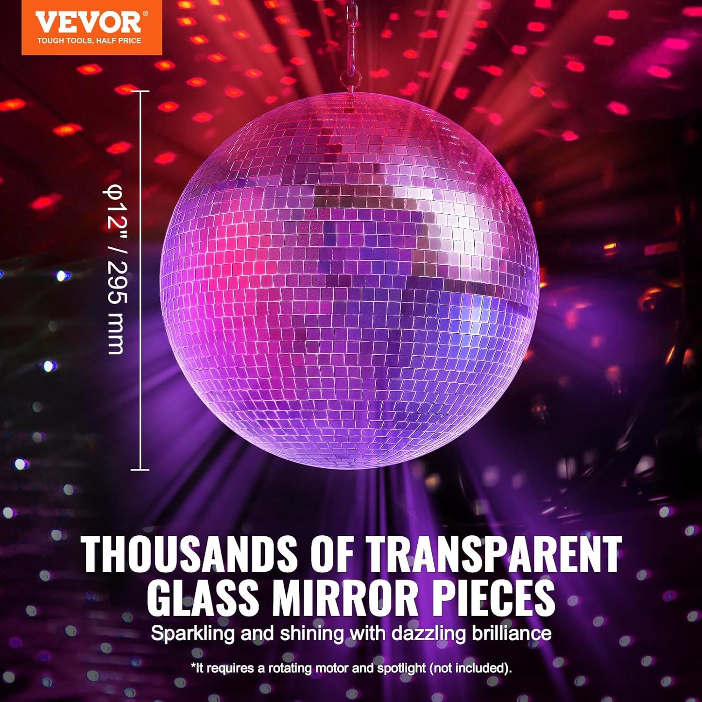VEVOR Mirror Disco Ball, 12 Inch Mirror Ball with Hanging Ring, Lightning Disco Ball Party Decorations, Ideal for DJ Club, Stage, Wedding, Birthday, Christmas, New Years Celebration