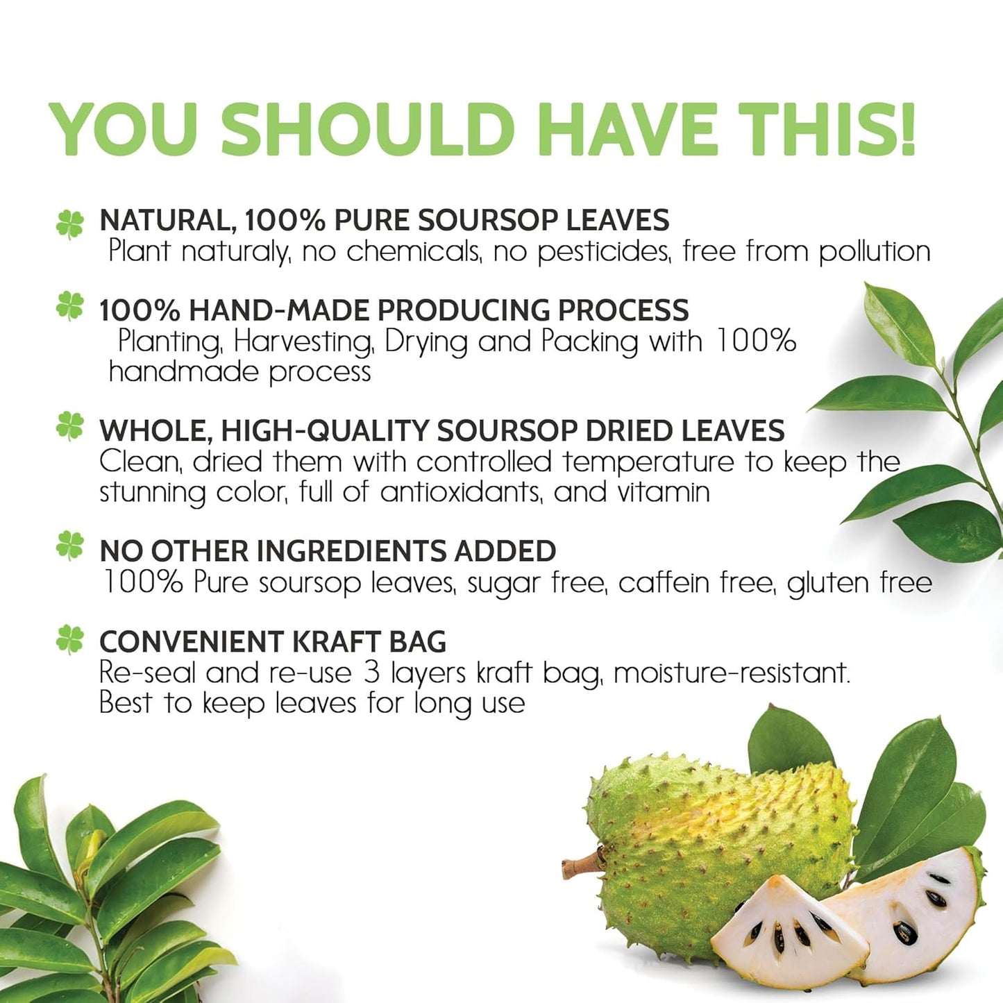 FreshDrinkUS, 120+ Premium Soursop Graviola Dried Leaves Tea, 40 Cups, 120-130 Natural Leaves, Whole Leaves, Wildcrafted, Graviola, Hoja Guanabana, Soursop Loose Leaf Herbal Tea, No Gluten, Vegan