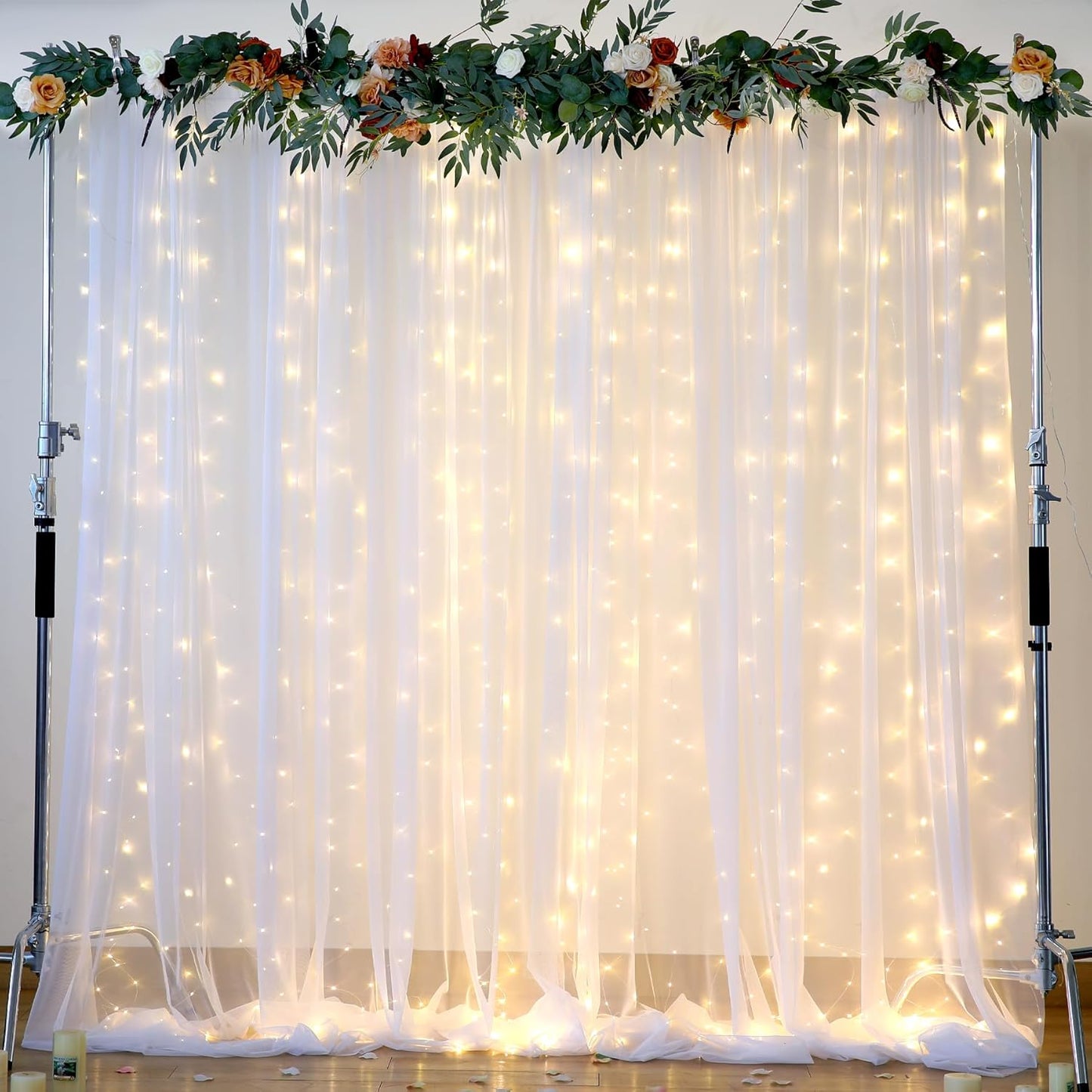 Suppromo White Tulle Backdrop Curtain with Lights String for Parites 20×8ft Sheer Curtains Wedding Baby Shower Birthday Party Photo Shoot Decorations(4 Panels 5ft×8ft)