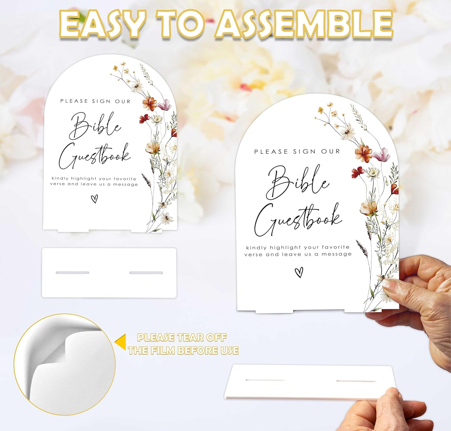 Boho Floral Bible Guest Book Sign, 6 x 8 Inch White Arch Acrylic Wedding Sign with Holder, Wedding Sign for Ceremony and Reception, Wedding Decoration, Wedding Supplies - BX28