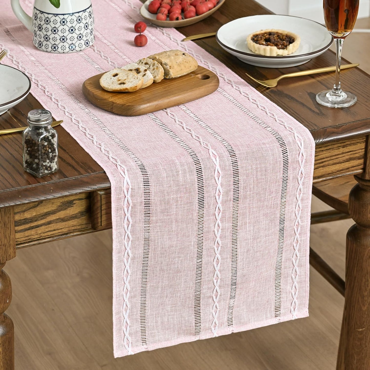 Artoid Mode Pink Rustic Cotton Linen Table Runner, Seasonal Embroidered Hollow Kitchen Dining Table Decoration for Home Party Decor 13x108 Inch