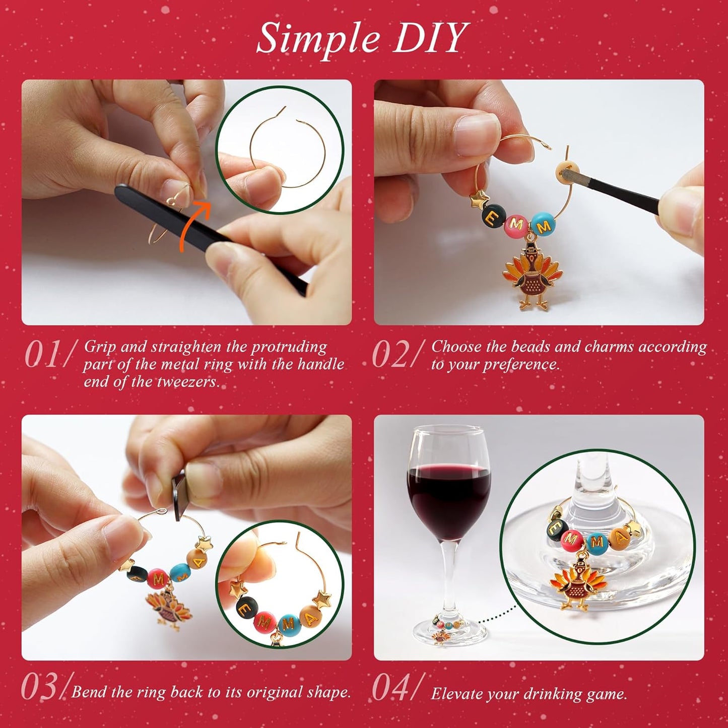 DIY Wine Glass Charms Kit, 25pcs Personalized Reusable Drink Marker Tags, Glass Identifiers for Wine Tasting Party, Unique Hostess Gifts & Party Decorations