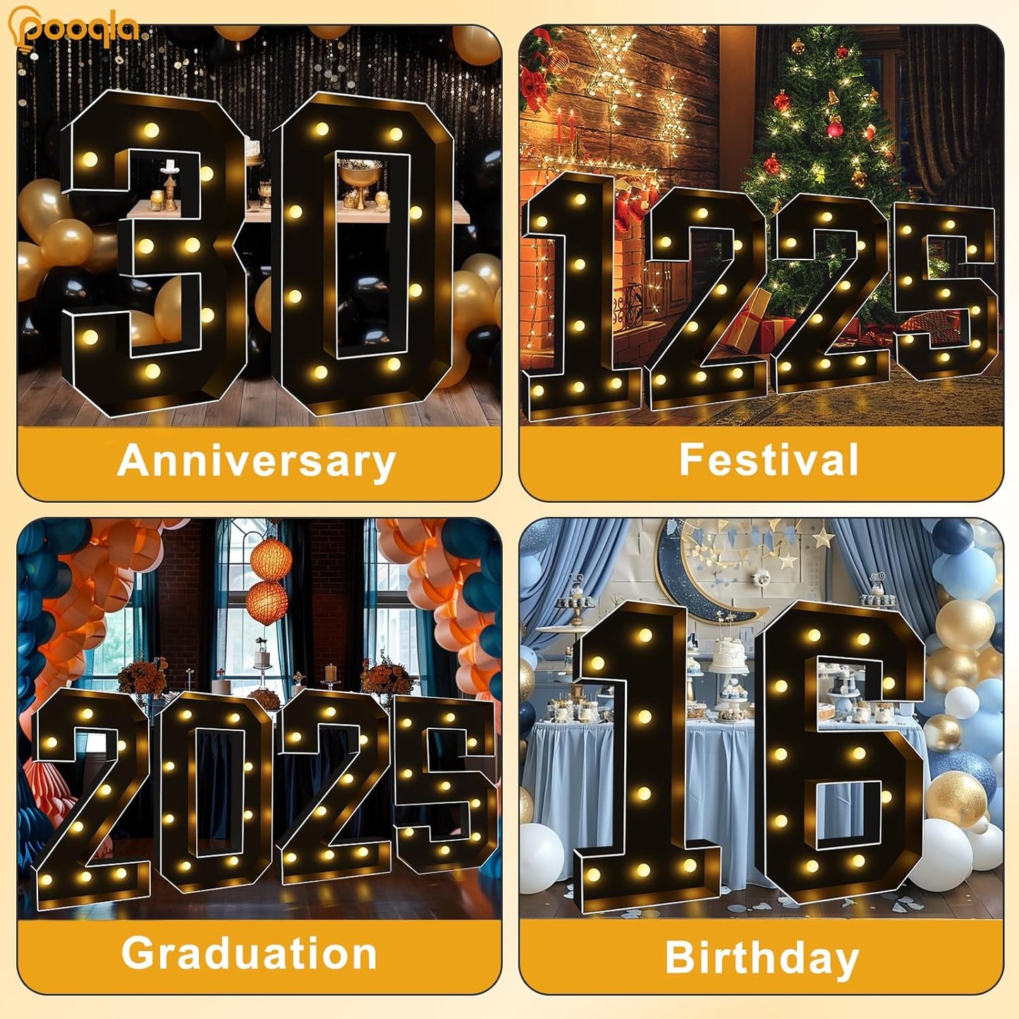 Pooqla 3FT Marquee Light Up Numbers, Black Lighted Party Decor for her him Women Men, Giant Mosaic Light Up Numbers for 5th 15th 50th Birthday Anniversary Decoration, Number 5