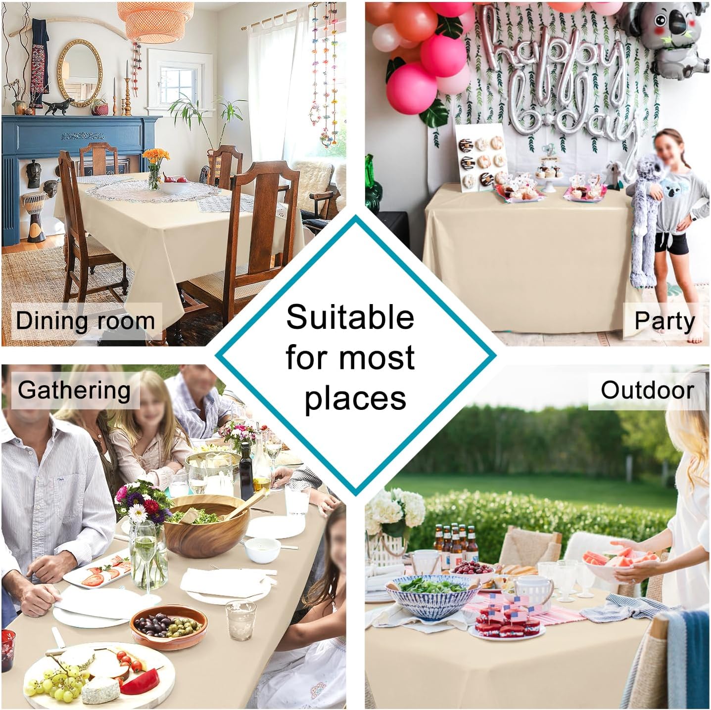 Hiasan Square Tablecloth - Waterproof and Spillproof Washable Fabric Table Cloth for Dining Room Kitchen, Beige, 60 x 60 Inch