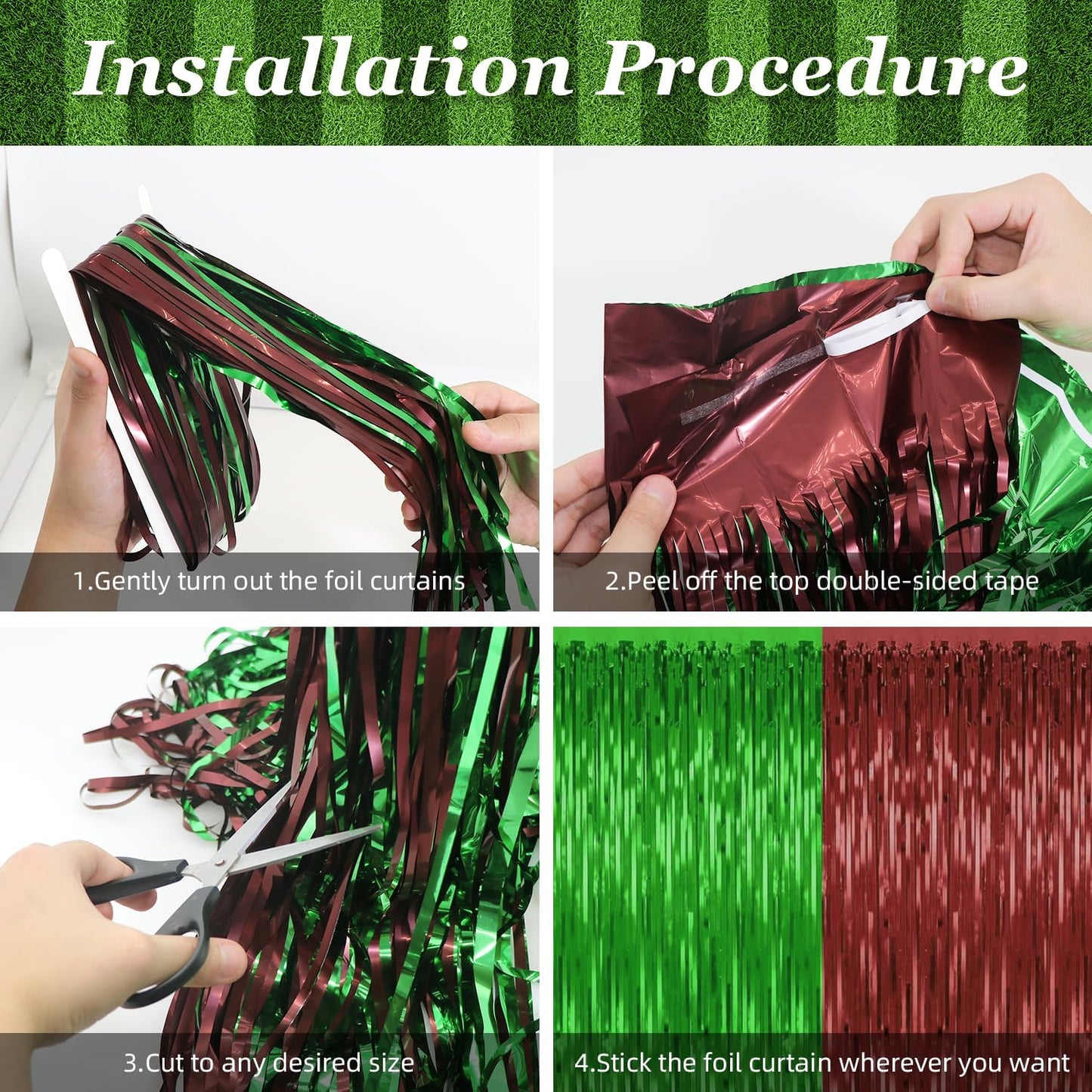 4 Pack Football Party Decorations,3.28 Ft x 6.56 Ft Football Tinsel Backdrop,Brown Green Foil Fringe Curtains Streamer Backdrop Birthday Party Decorations Sports Background