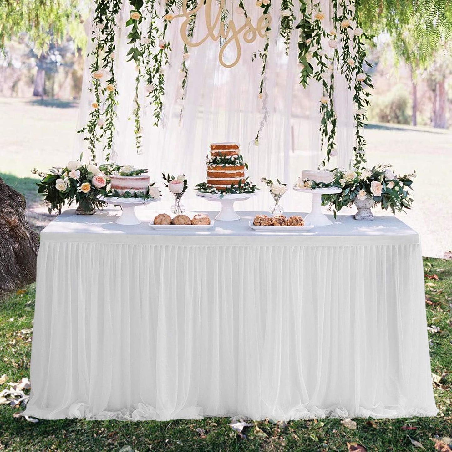 9ft Table Skirt White Tulle Tablecloth Tutu Table Skirt for Wedding Bridal Baby Shower Birthday Party Cake Dessert Buffet Banquet Decorations