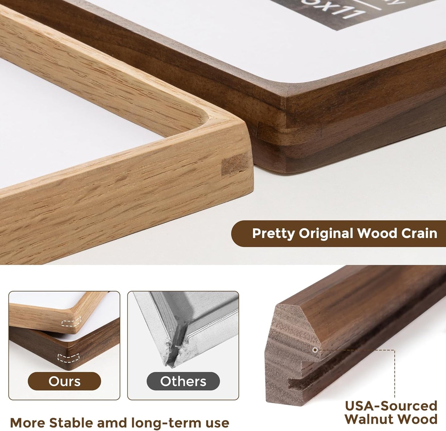 11x14 Wooden Picture Frames USA-Sourced Natural Walnut Solid Wood Photo Frame Handcrafted Rounded Corner with Mat to 8x10 Picture Frame Vintage Display with Real Glass Family Picture