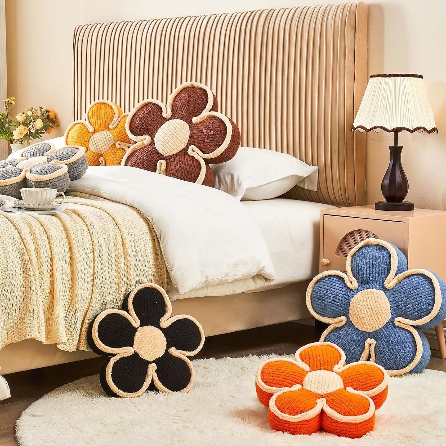 Soft Flower Shaped Floor Cushion, Plush Decorative Throw Pillow, Cute Seating Cushion, Room Decor Pillow for Sofa Couch Bed (13.7 Inch, Black)