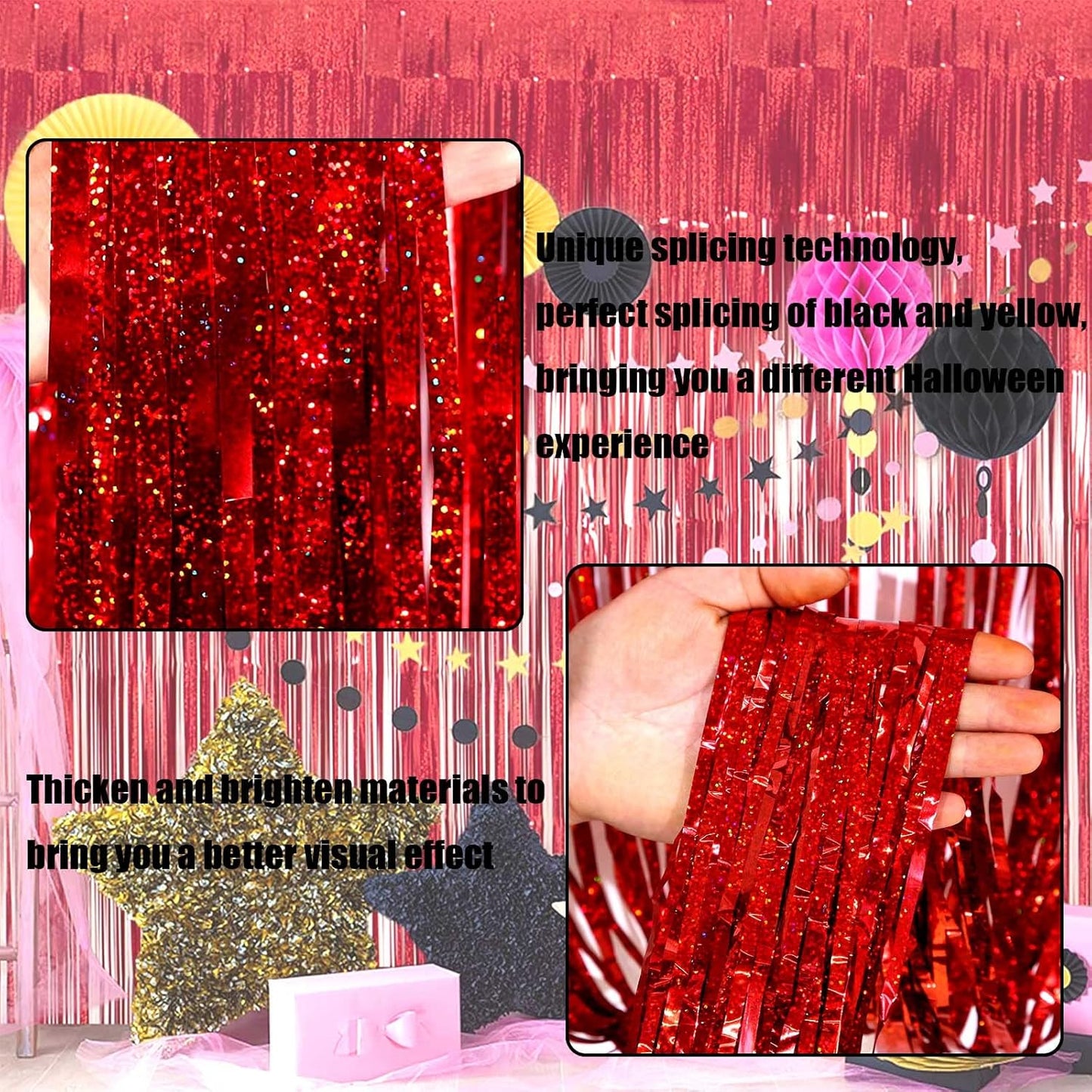 4 Pack Red Tinsel Foil Fringe Curtain Backdrop, 3.28Ft x 8.2Ft Metallic Streamers for Photo Booth Props Wedding Bridal Shower Bachelorette Birthday Halloween Christmas Party Decoration
