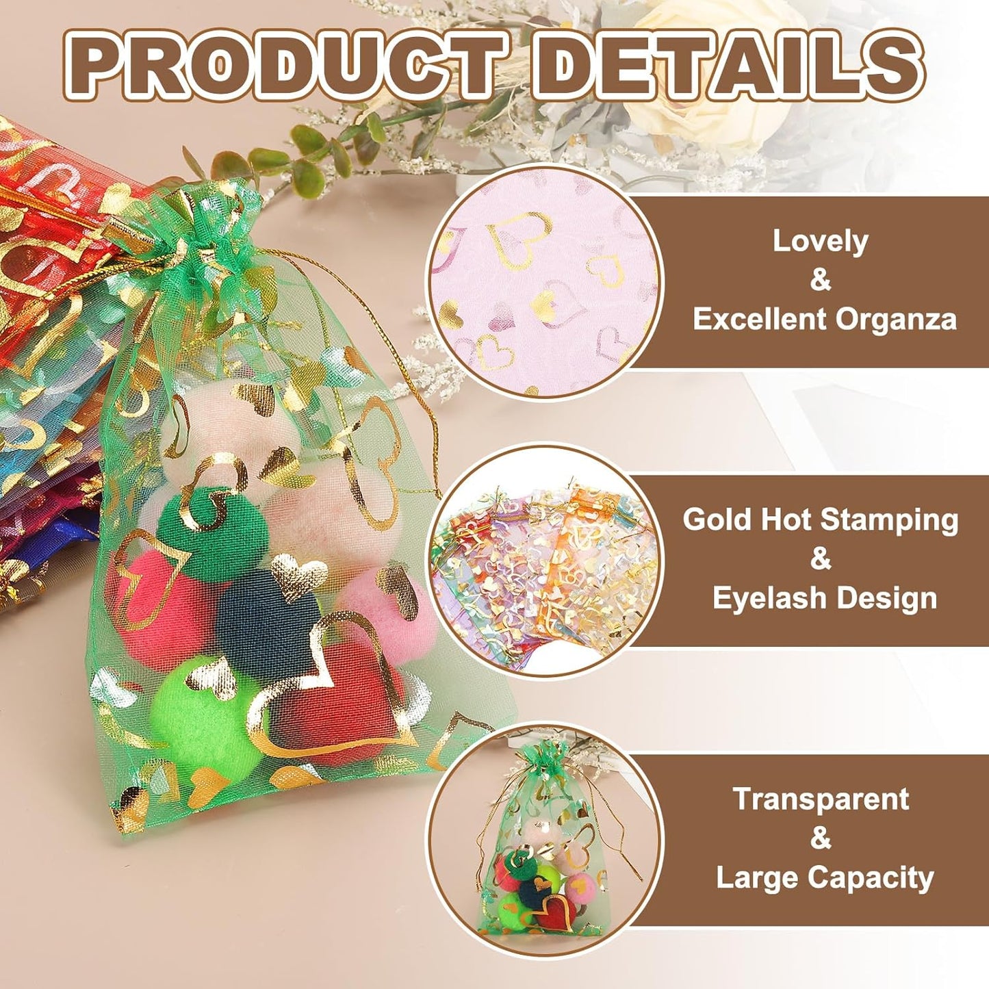 PATIKIL 100 Pcs 4x6 Inch Heart Printed Organza Bags, Gold Silver Sheer Heart Organza Bags with Drawstring for Christmas Candy Jewelry Party Wedding Favor Gift