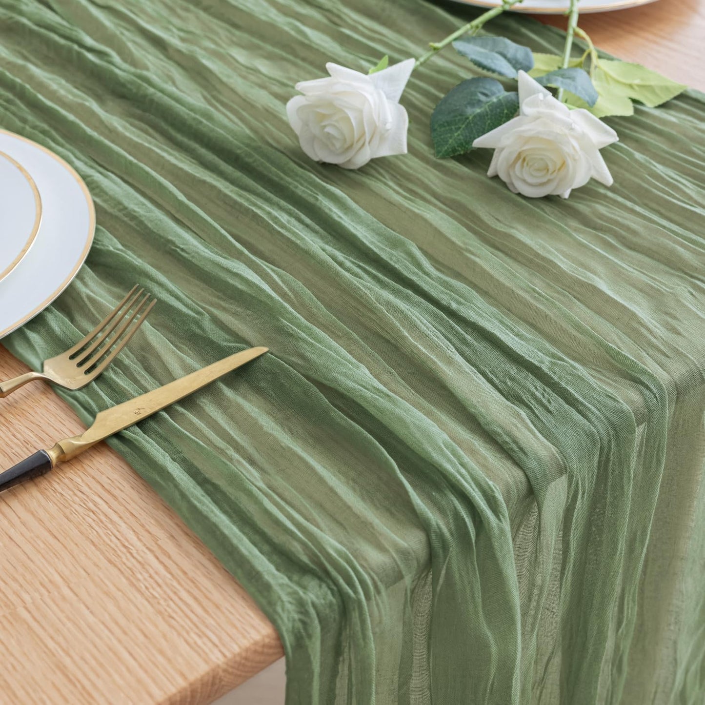 Asee'm Cheesecloth Table Runner 120 Inches Sage Green Boho Gauze Cheese Cloth Runner 10FT Rustic Sheer Fall Table Runners for Thanksgiving Wedding Baby Shower Holiday Party Decoration