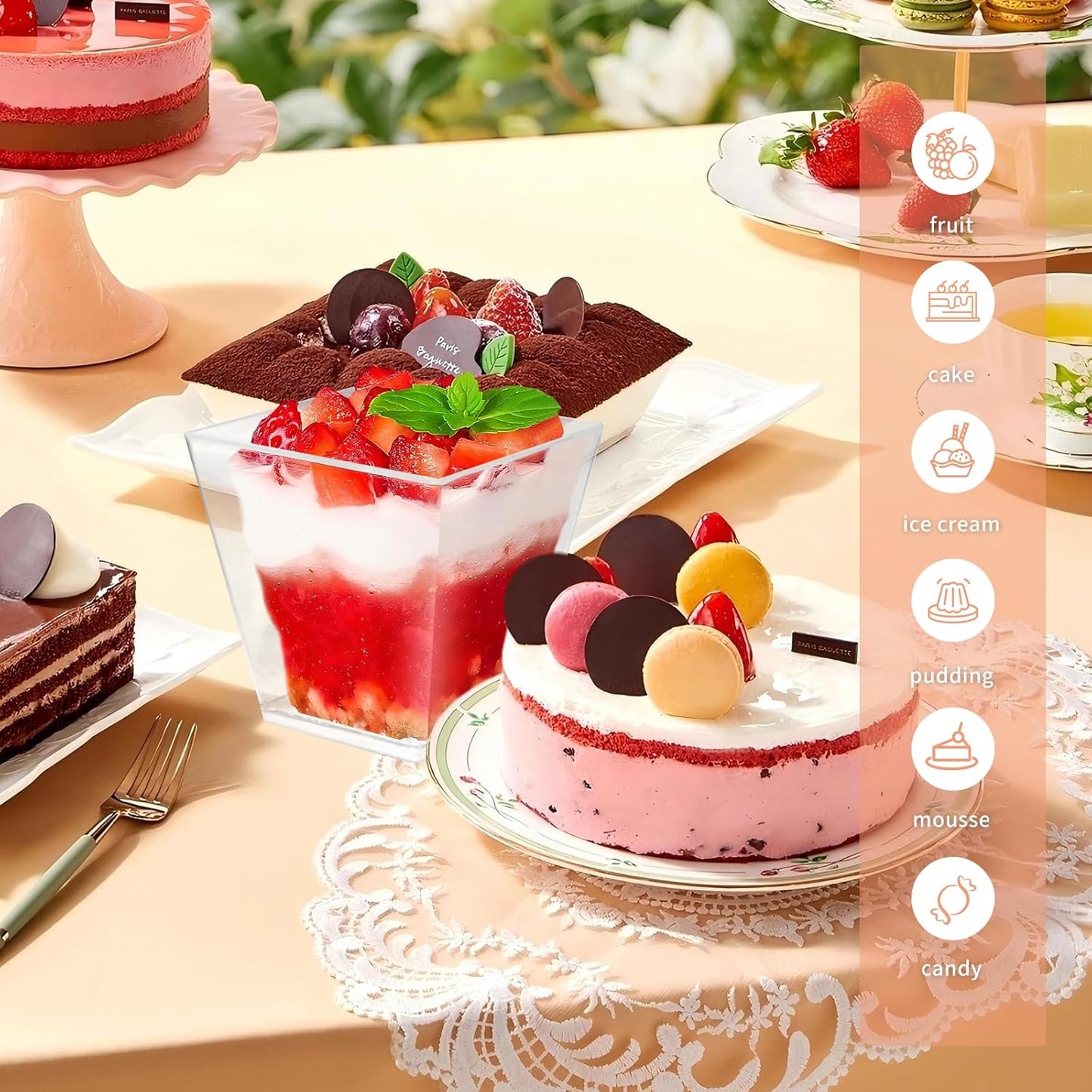 50 Pack 3.5 oz Clear Plastic Square Dessert Cups with Spoons，Mini Disposable Parfait Cups for Yogurt, Ice Cream and Tasting，Serving Cups for Appetizer，Pudding，Party (3.5 oz)