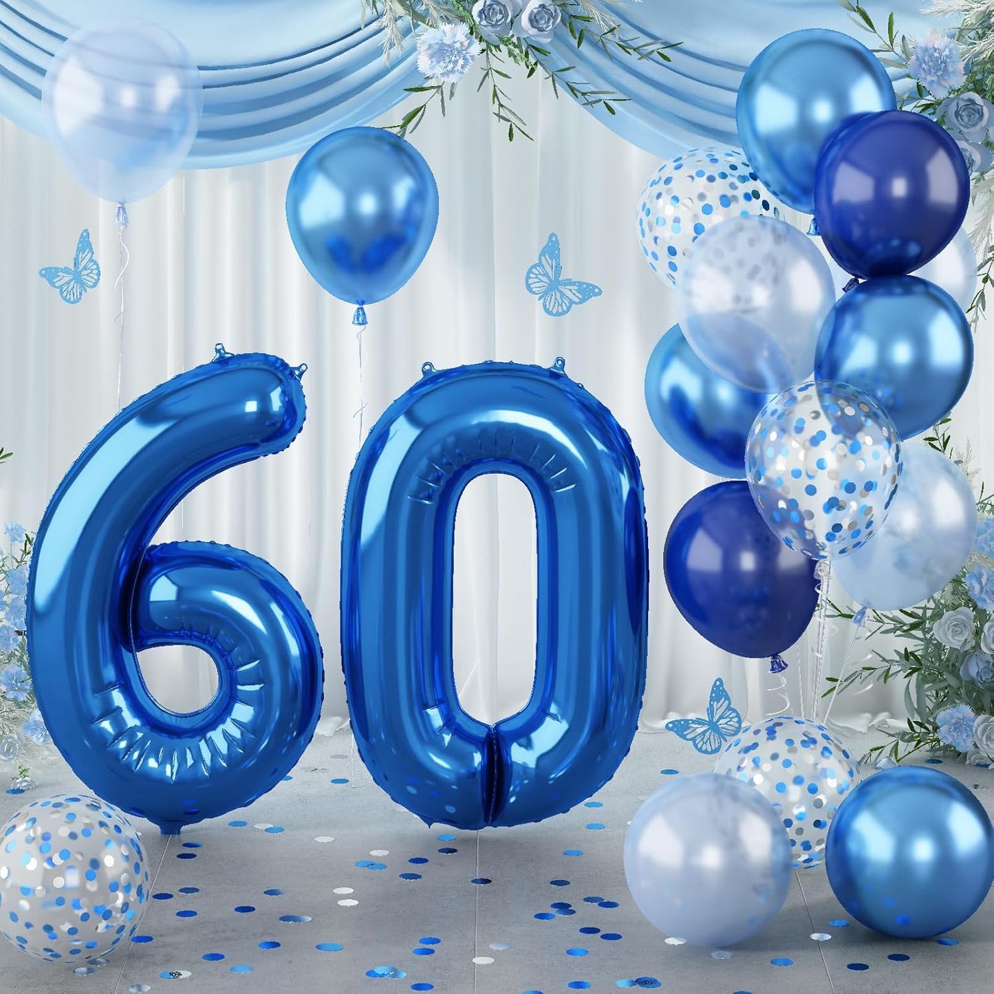 60 Balloon Number Blue, Big Number 60 Balloon Pastel Navy Dark Blue with Metallic Silver Confetti Balloon for Men 60th Birthday, Foil 40'' Self Inflating Balloon 60 for Anniversary Party Decorations