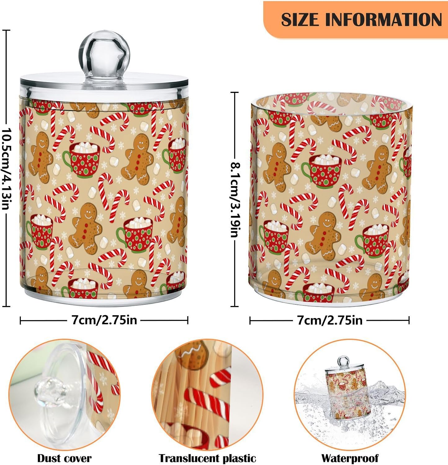 Gredecor Qtip Holder Dispenser 2 Pack Cute Gingerbread Men Snowflakes Candy Bathroom Decorative Storage Canister Holder Counter Vanity Organizer for Cotton Ball Swabs Pads Floss