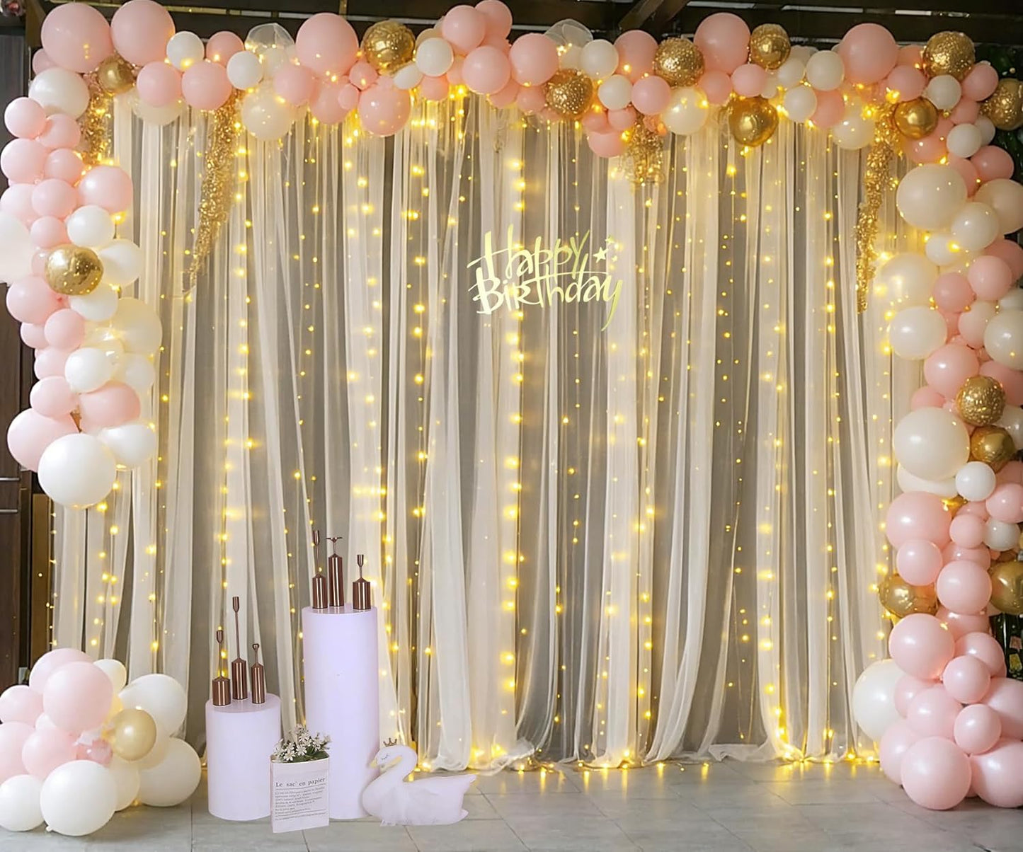 Champagne Backdrop Curtain with Lights String for Parites Wedding 20×8ft Sheer Tulle Backdrop Curtains for Bridal Shower Baby Shower Birthday Party Photo Shoot Background Decorations(4 Panels 5ft×8ft)