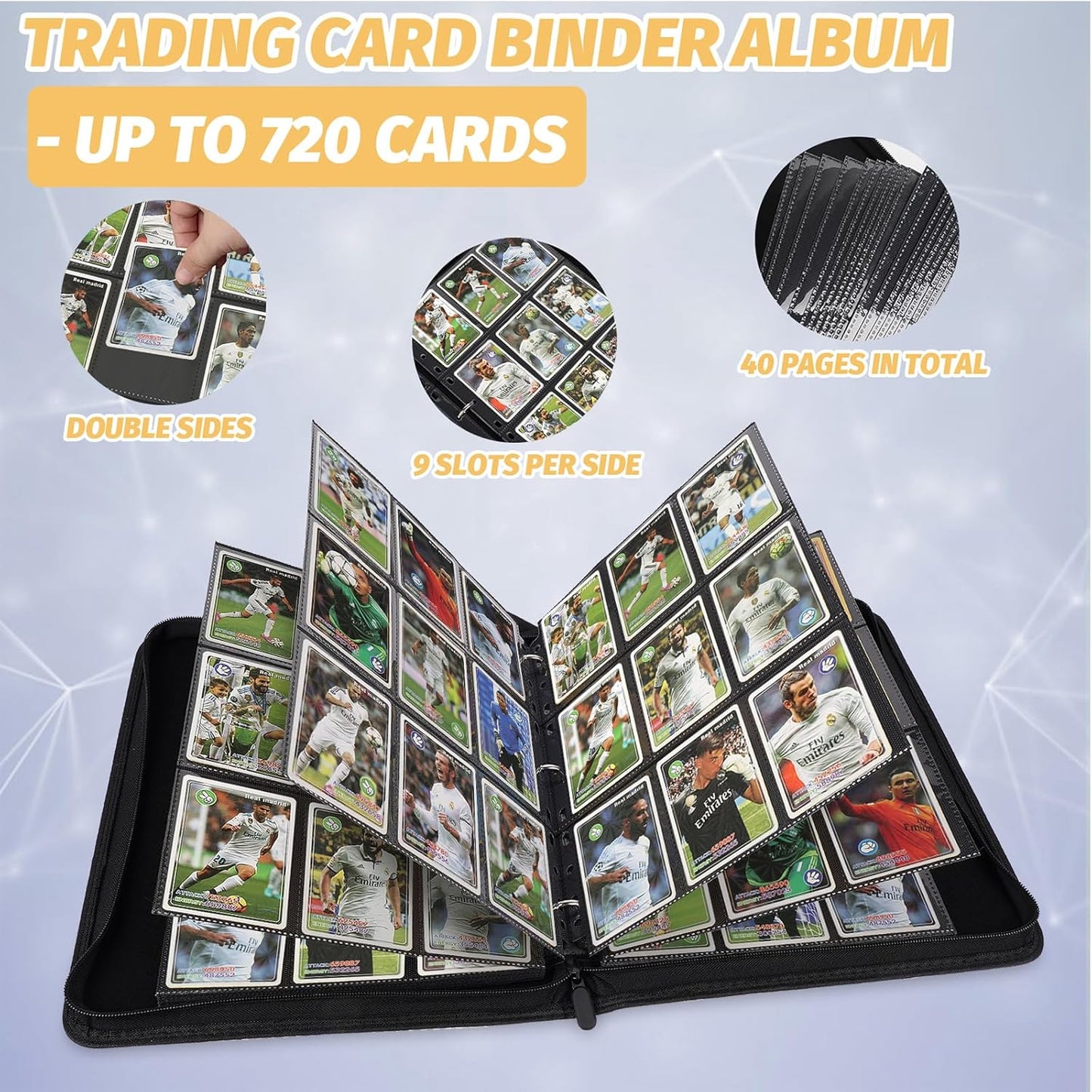 Trading Card Binder, Premium 9 Pocket Card Binder, 720 Double Sided Pocket PU Collection Binder, Collector Album, Card Holder for MTG, TCG, Sports Cards (Marble Black)