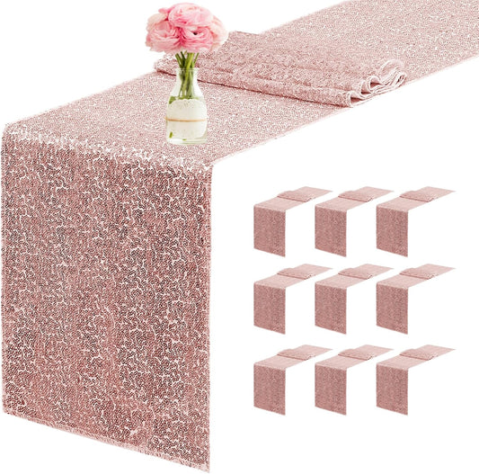 10 Packs 12 x 72 inches Sequin Table Runner, Rose Gold Glitter Table Runner for Birthday Party Supplies Wedding Engagement Baby Shower Holiday Celebration Event Decorations