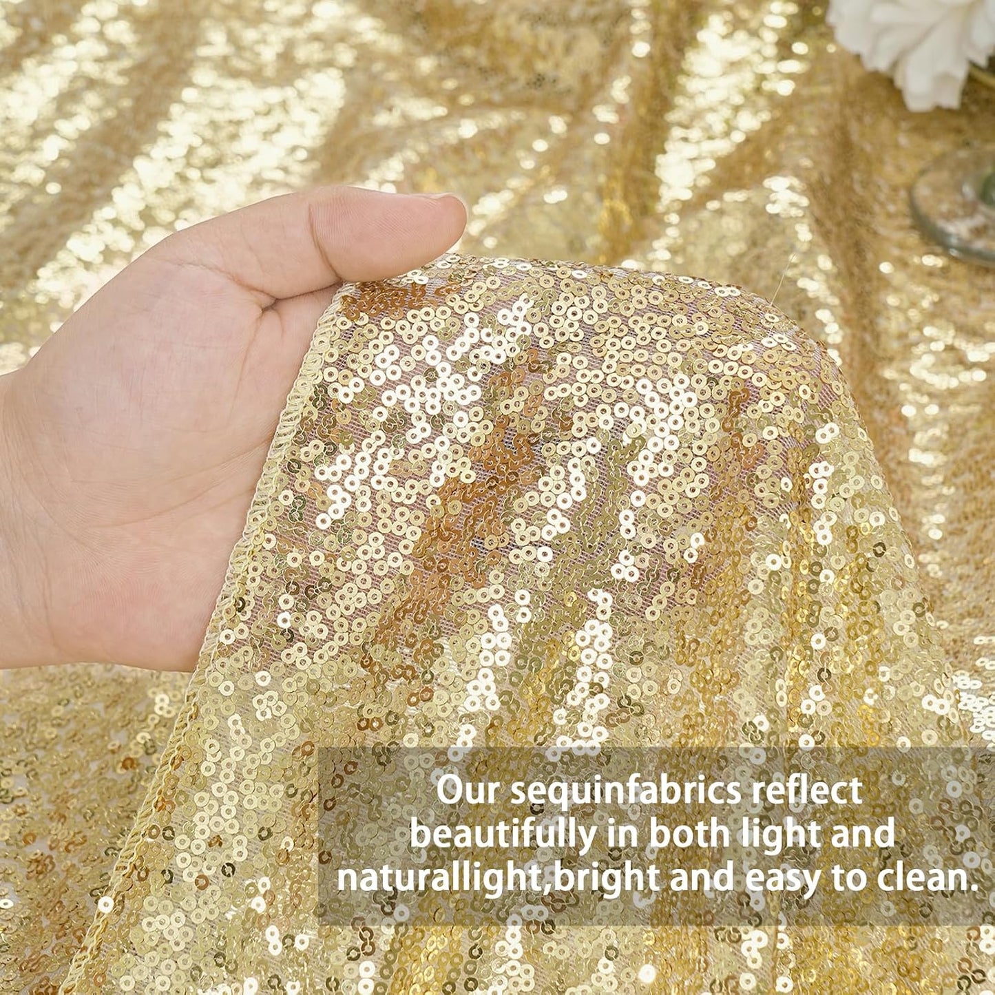 QueenDream Party Tablecloth Light Gold - 90x156 Inch Sequin Fabric Table Cloths Rectangle Cover Birthday Parties Holiday Decorations