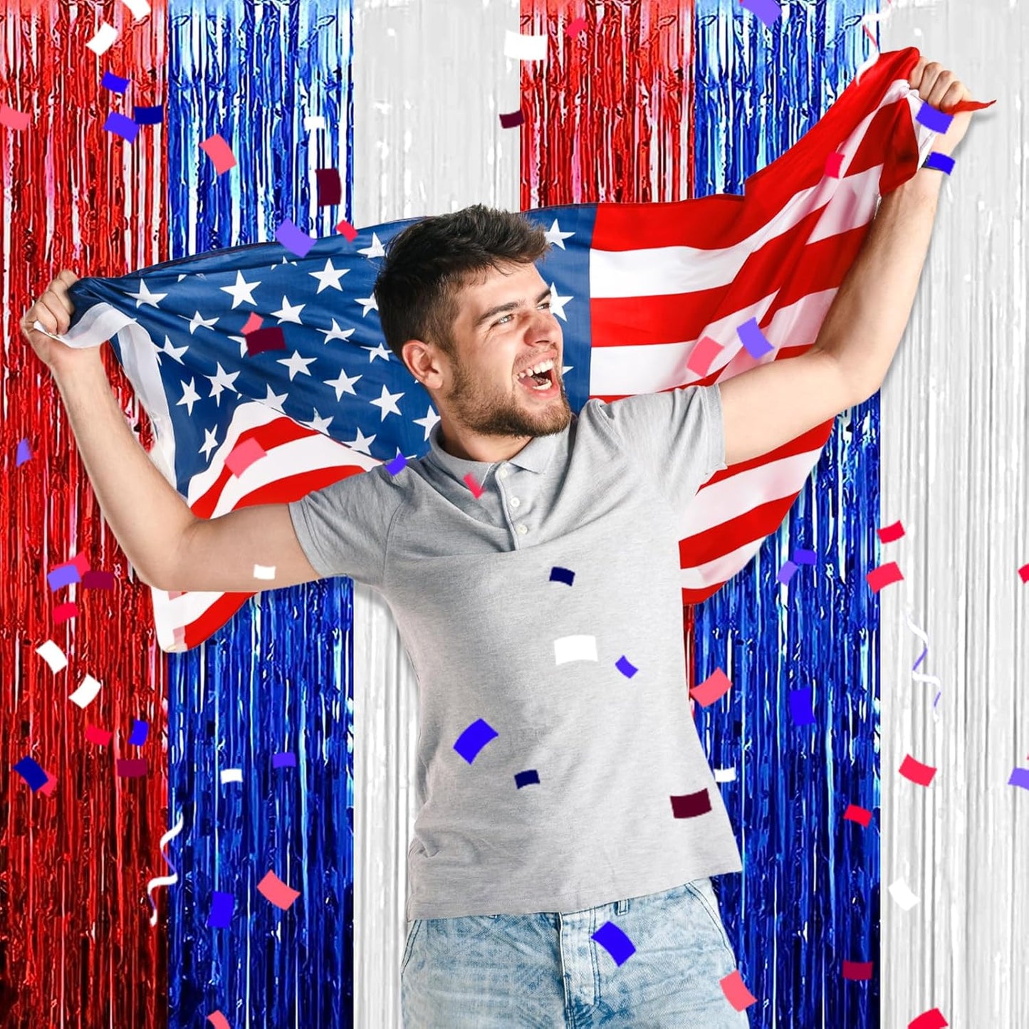 3 Pack White Blue Red Foil Fringe Curtain Backdrop, 3.28Ft x 8.2Ft Metallic Tinsel Foil Fringe Streamer Curtains for Photo Booth, Christmas Day, Thanksgiving, Wedding, New Year Party Decorations