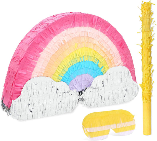 Rainbow Pinatas Bundle with a Blindfold and Bat (16.5x8.5x3.5 Inches), Rainbow Pinatas for Girls Birthday Parties Girl, Perfect for Unicorn Party, Theme Party, Decoration