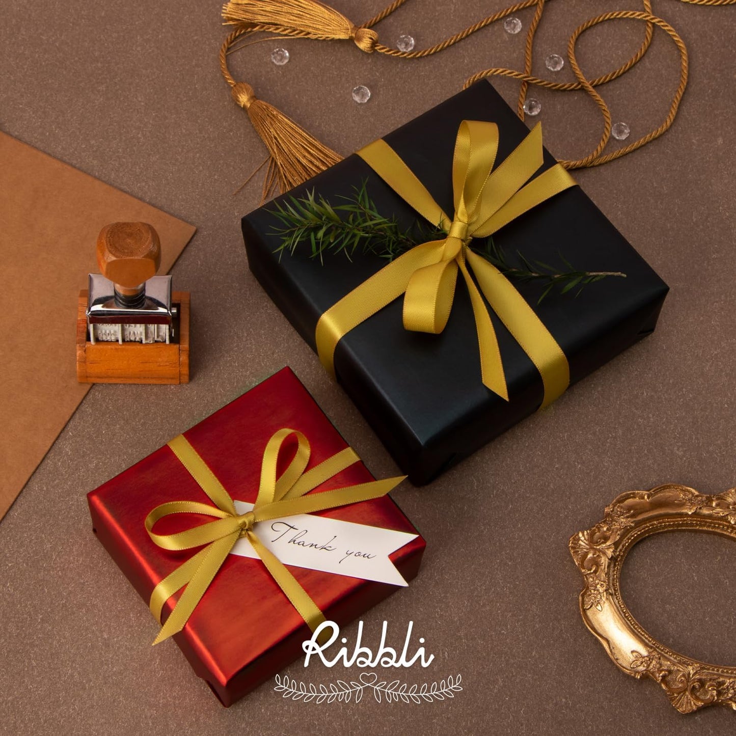 Ribbli Double Faced Gold Satin Ribbon,1/4” x Continuous 25 Yards,Use for Craft Bows Bouquet, Gift Wrapping, Wedding Decoration, Floral Arrangement
