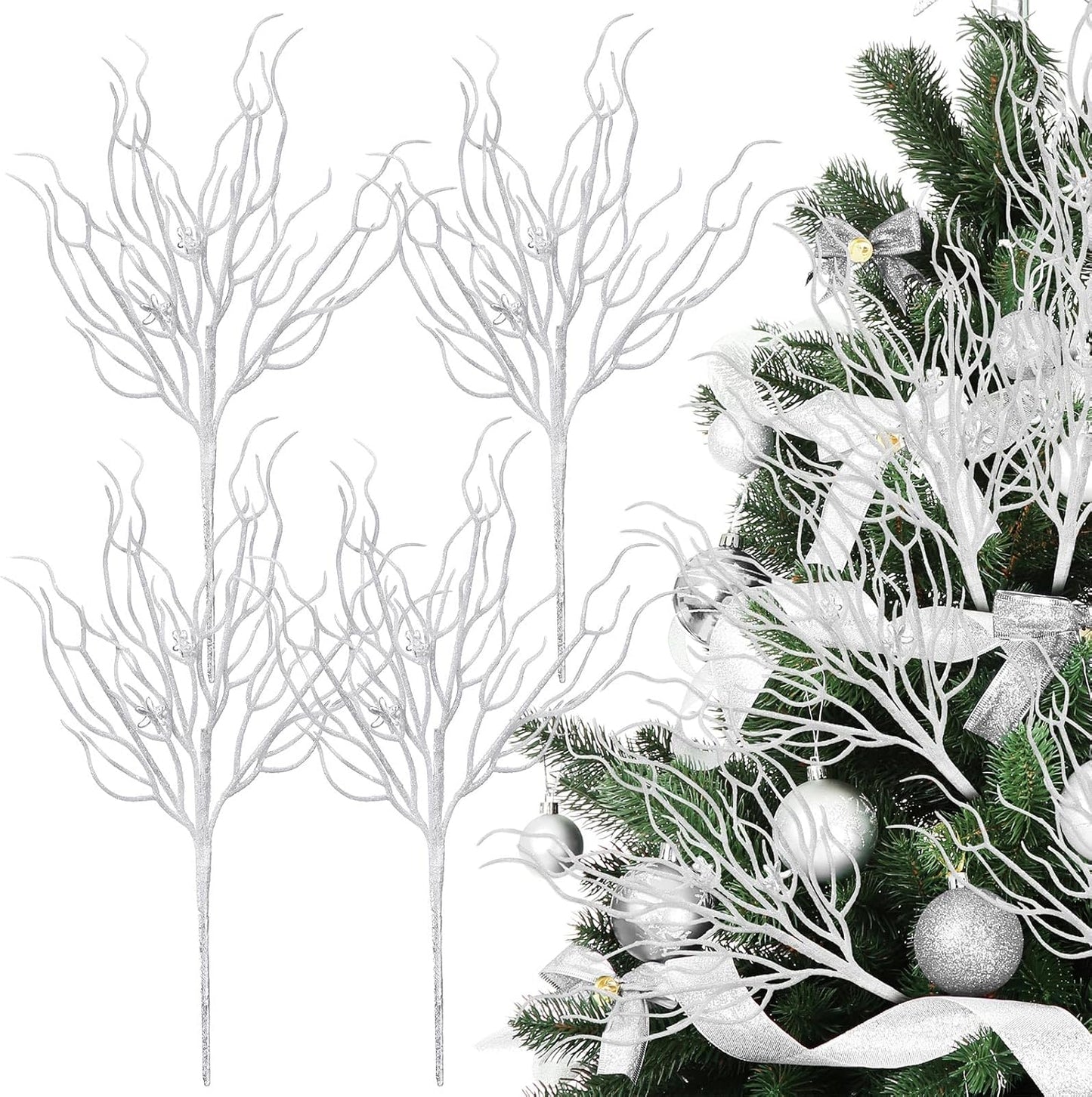 8 Pcs White Coastal Ornaments for Christmas Tree 15.7inch Glitter Coral Beach Ocean Spray Pick Branch Christmas Tree Topper Decorations Filler Twigs for Xmas Vase Wreaths Gift