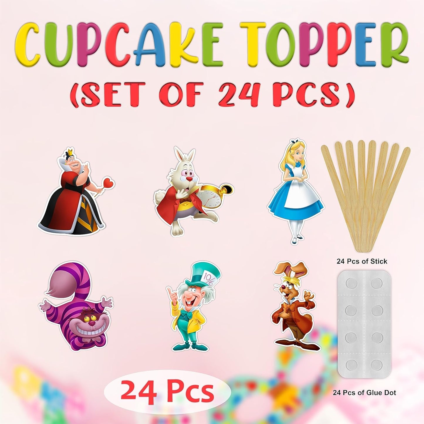 "Alice in Wondrland Cupcake Topper – Whimsical Birthday Party Decorations for Adults – Tea Party, Baby Shower, Bridal Shower, Theme Dessert Table Décor – Reusable Party Supplies"