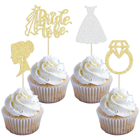 Gyufise 24 Pack Gold Glitter Bride To Be Cupcake Toppers with Diamond Bride Tulle Dress Cupcake Toppers for Bridal Shower Supplies Wedding Engagement Bachelorette Party Decorations