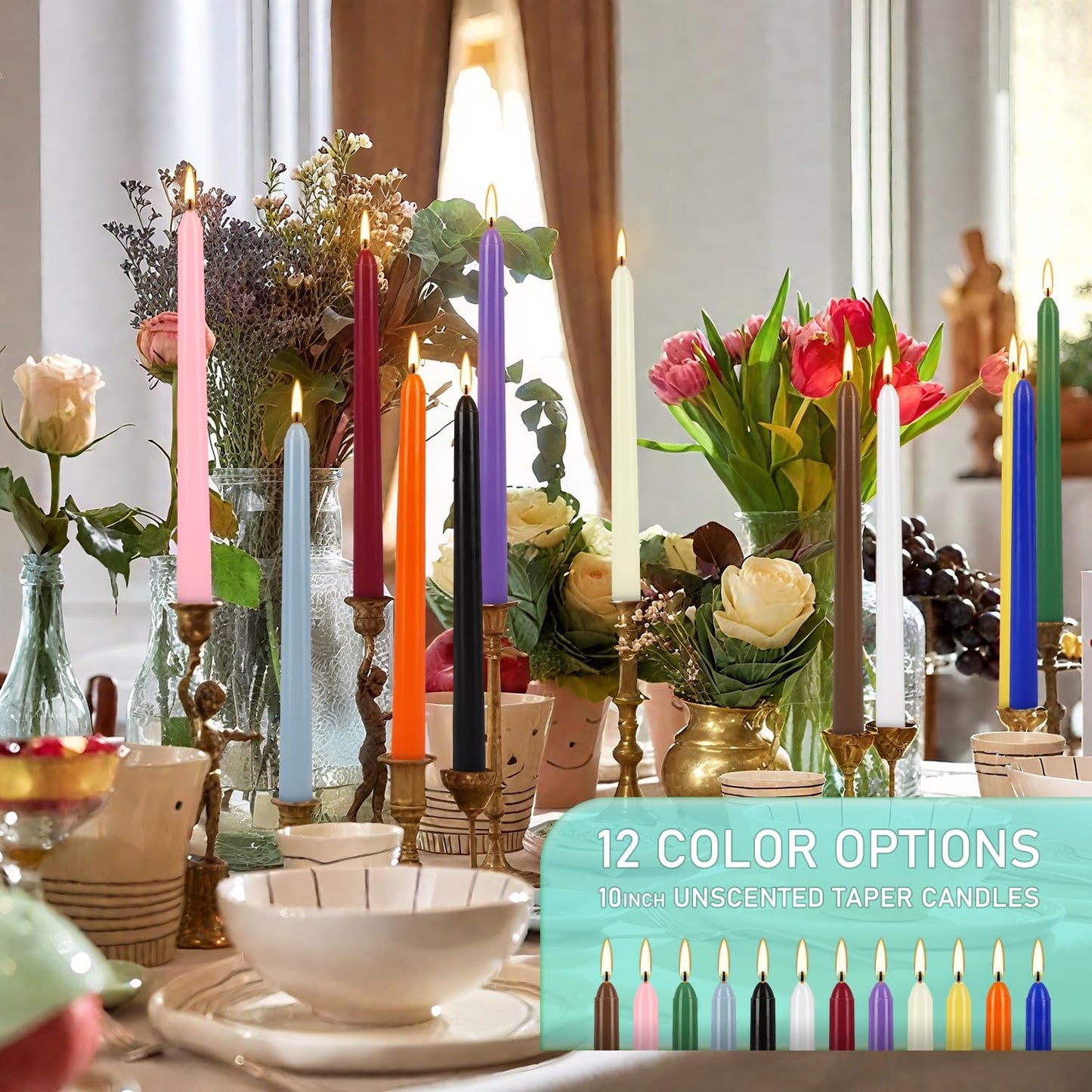 24 Pack 10" Tall Colored Taper Candles, Dripless Unscented Colorful Candlesticks for Birthdays Dinner Party Home Décor, Long Burning Spell Chime Candles for Meditation.