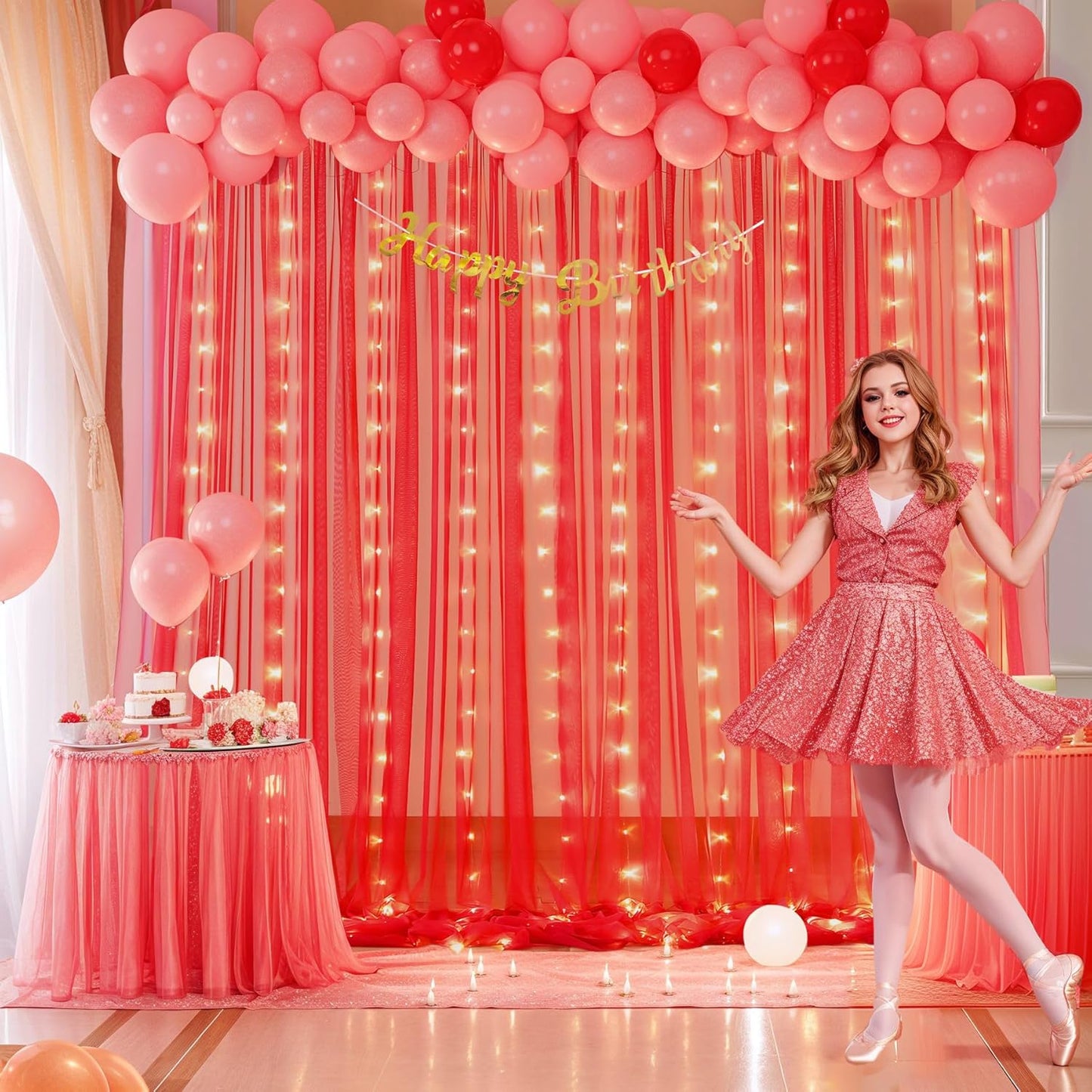 Red Tulle Backdrop Curtain with Lights String for Parites 10x10ft Wrinkle Free Sheer Backdrop Curtains for Birthday Party Bridal Shower Baby Shower Christmas Wall Photo Booth Background Decorations