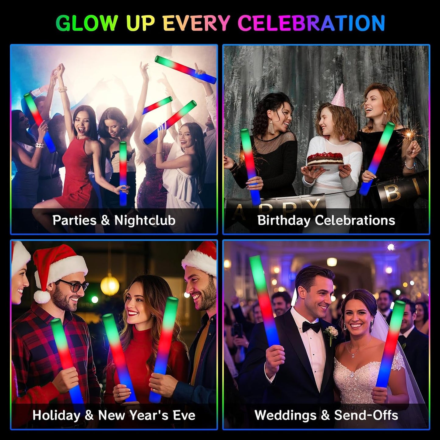 AOWDIAO 24 Pcs 16″ Foam LED Glow Sticks, 3 Light Up Modes, Party Favors for Wedding, Festival & More