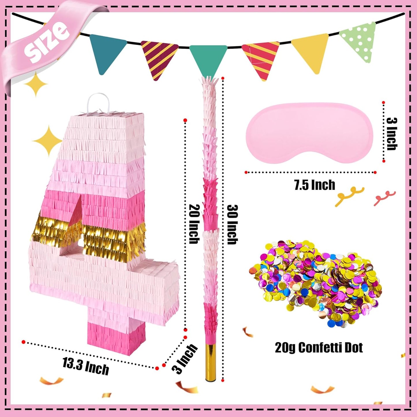 PCFING 20 Inch Number 4 Piñata Pink Gold with 30 Inch Piñata Stick Blindfold Confetti for Boys Girls Adults Birthday Party Decorations, Anniversary Celebration, Fiesta