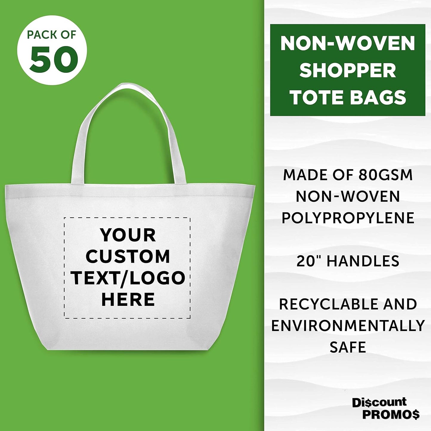 DISCOUNT PROMOS Custom Southern Style Grocery Tote Bags Set of 50 - Personalized Bulk Pack, Reusable Grocery & Shopping Bags - Great for Travel, Carry on Bag, Business Promotions - White - 20"X13"X8"