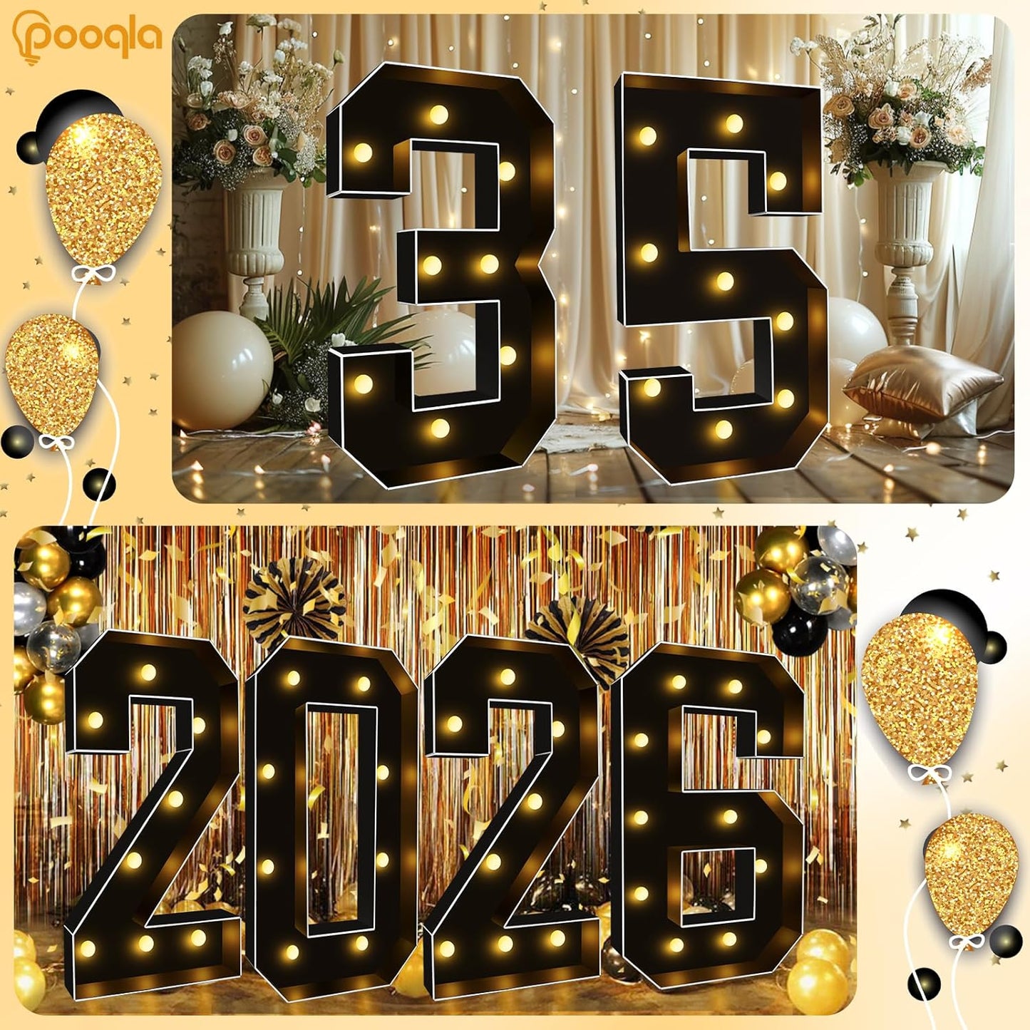 Pooqla 3FT Marquee Light Up Numbers, Black Lighted Party Decor for her him Women Men, Giant Mosaic Light Up Numbers for 5th 15th 50th Birthday Anniversary Decoration, Number 5