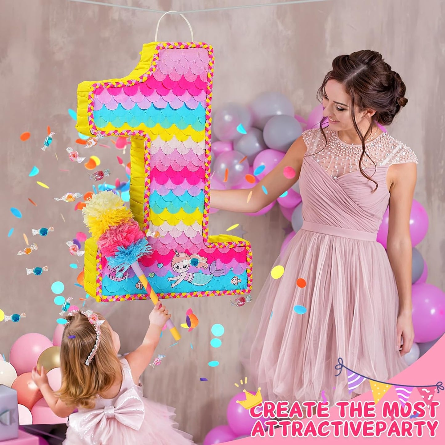 Number 1 Pinata for Birthday Party Decorations, Unicorn Mermaid Theme Pink Piñata Games Toy (1th)